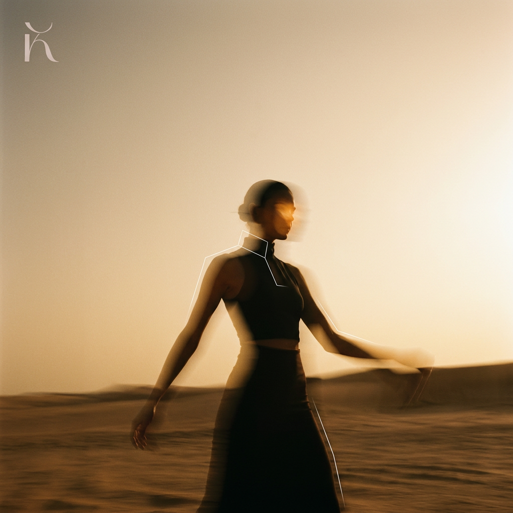 Person walking in a desert with a warm, blurred effect